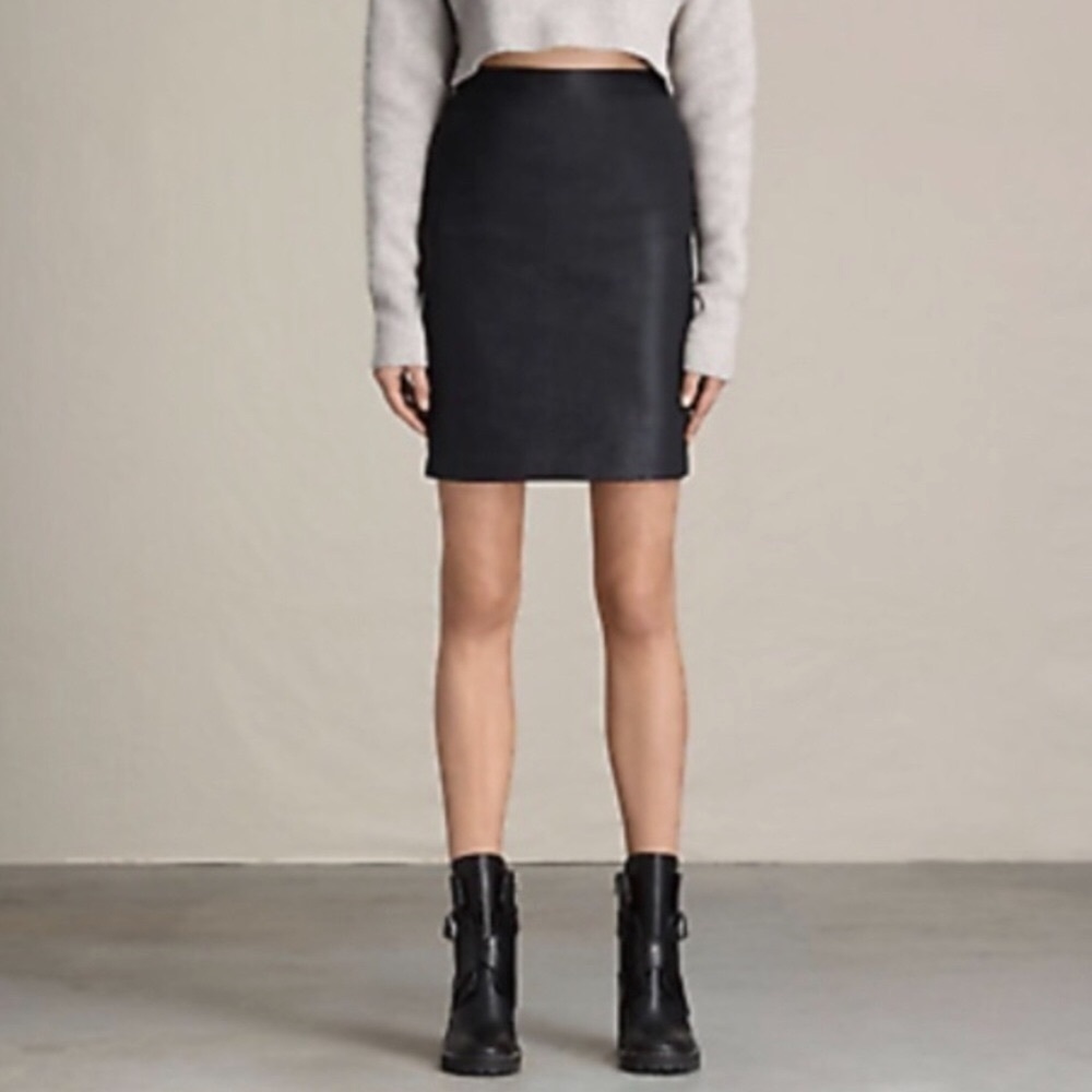 All Saints | Coated Denim Pencil Skirt Back Exposed Zip Black